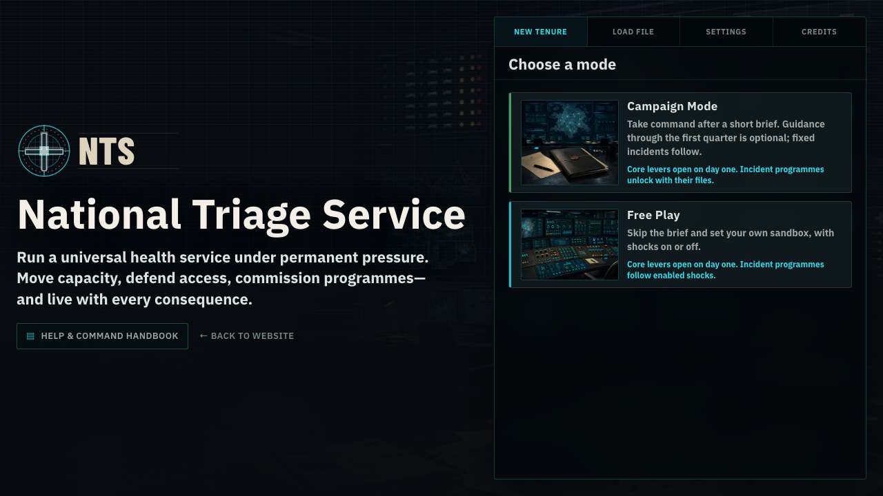 National Triage Service New Tenure menu.