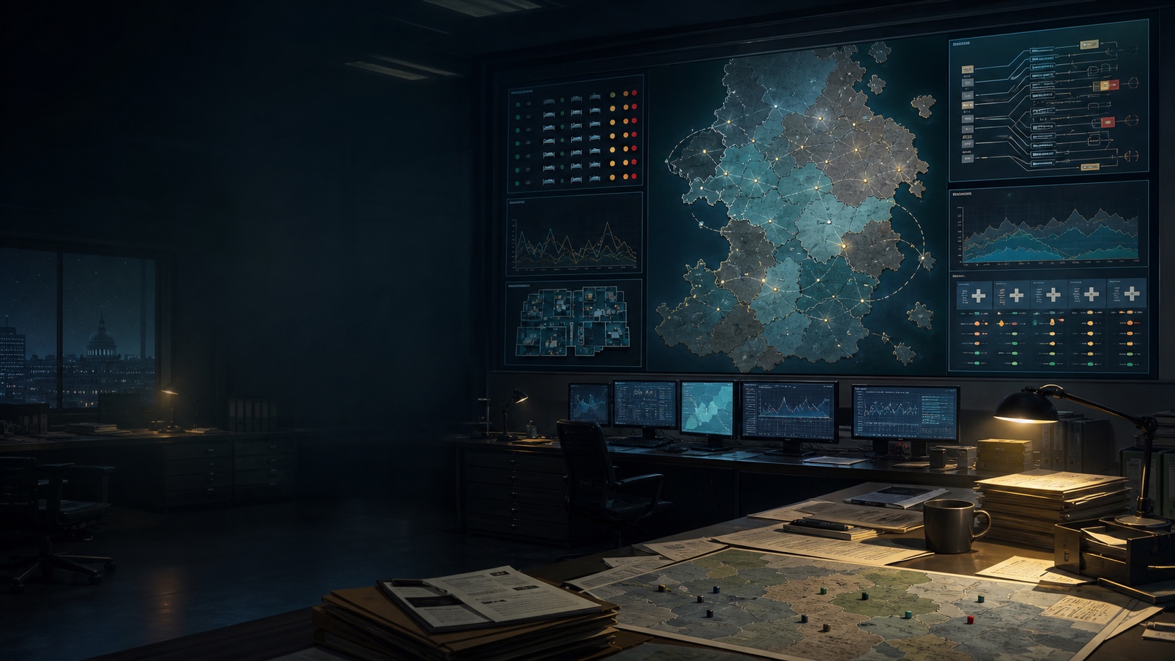 Illustration of an empty fictional national health-service command room with a connected regional map and planning files.